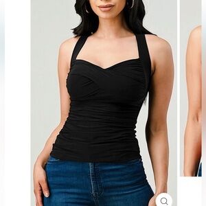 Black Ruched Square-Neck Tank Top for Women